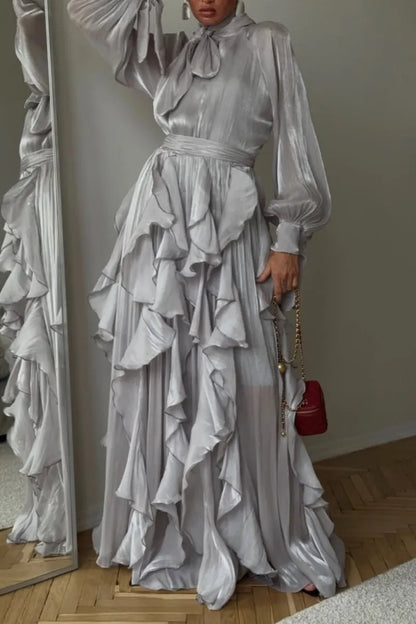 Silver Grey Tie Neck Ruffle Hem Chiffon Maxi Dress