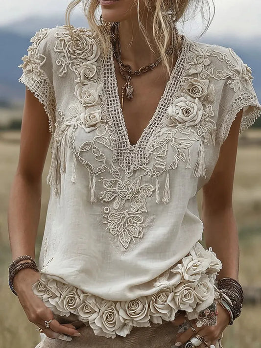 Women's White Rose Embroidery Art V-neck Short Sleeve Linen Blend T-shirt