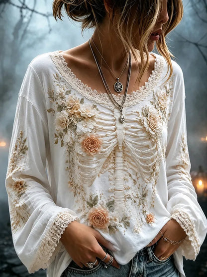 Women's Vintage Skeleton And Floral Pattern Linen Blend Art Long Sleeve T-shirt
