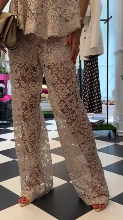 Floral Lace Peplum Top & Wide Leg Pants Co‑Ord Set