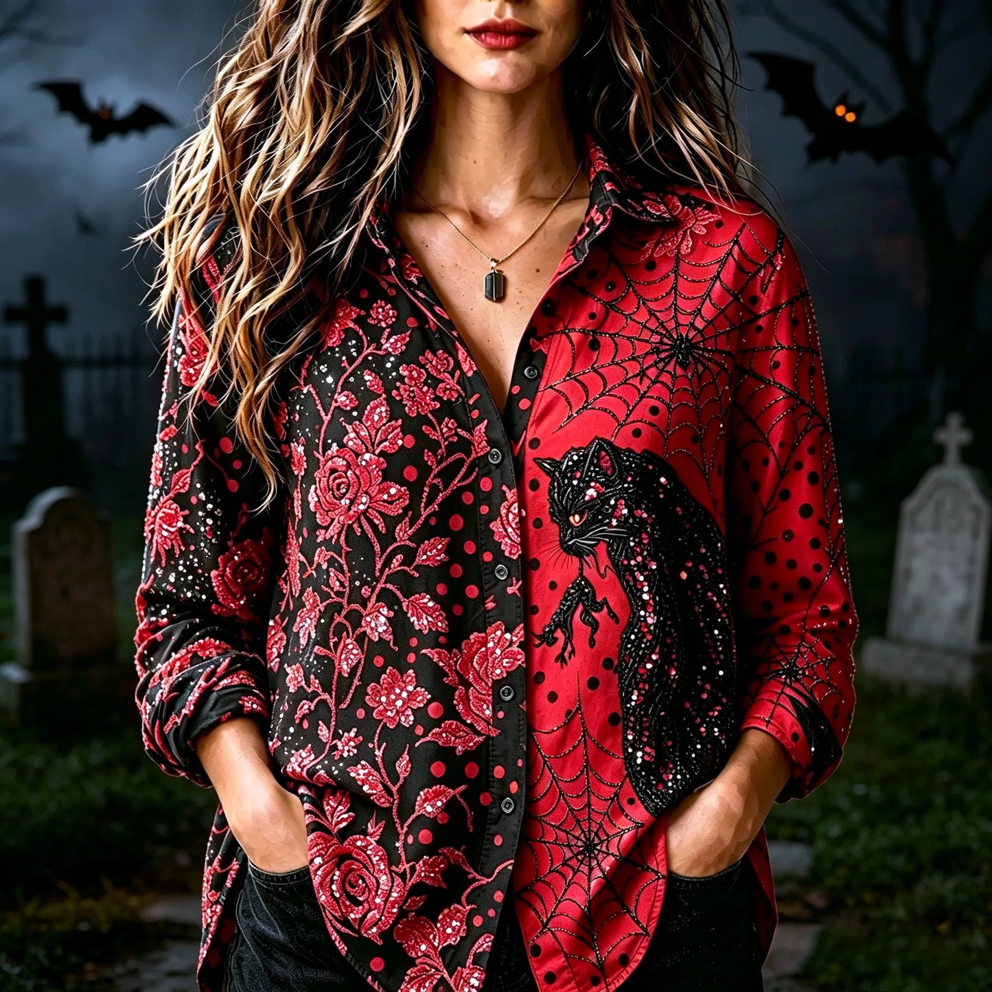 Women's Retro Halloween Style Cat And Rose Floral Embroidered Print Shirt