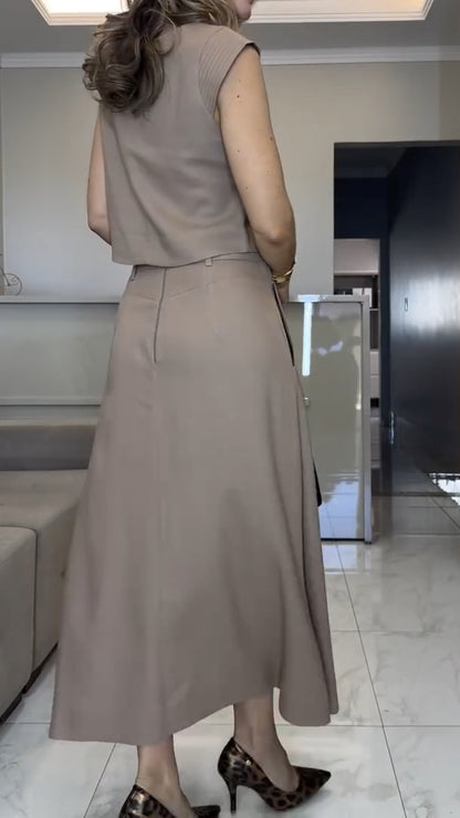 Beige Sleeveless Top & Midi Skirt Co-Ord Set