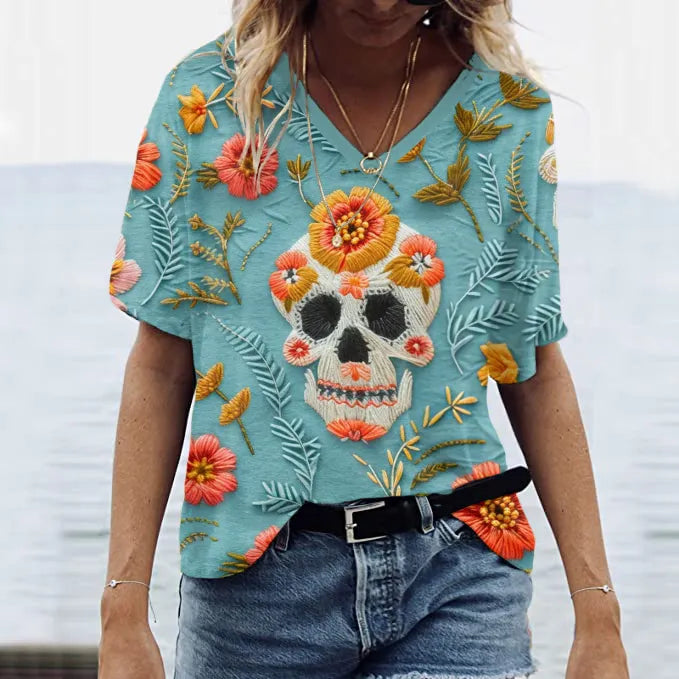 Mexican Cute Sugar Skull Day Of The Dead Inspired Art Painting V-Neck T-Shirt