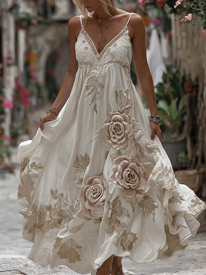 Women's Floral Roses Art Print Flowy Linen Blend Casual Suspender Maxi Dress