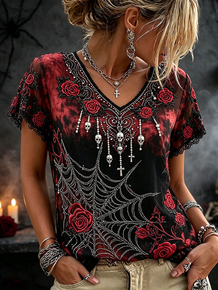Women's Vintage Spider Skull Flower Embroidery Short Sleeve Top