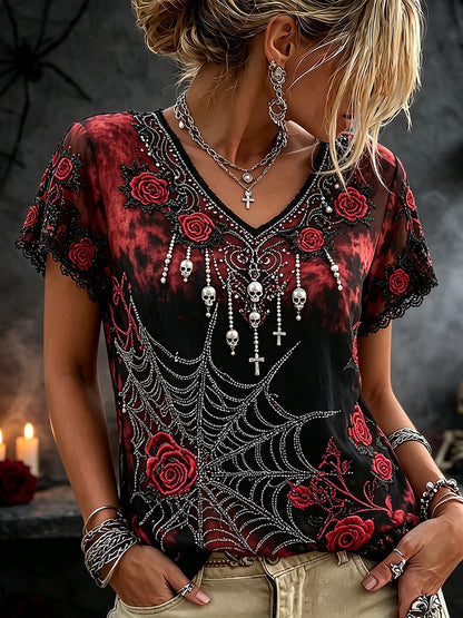 Women's Vintage Spider Skull Flower Embroidery Short Sleeve Top