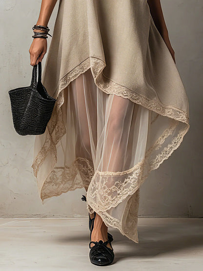 Light Khaki Sleeveless Two-Layer Sheer Lace Trim Maxi Dress