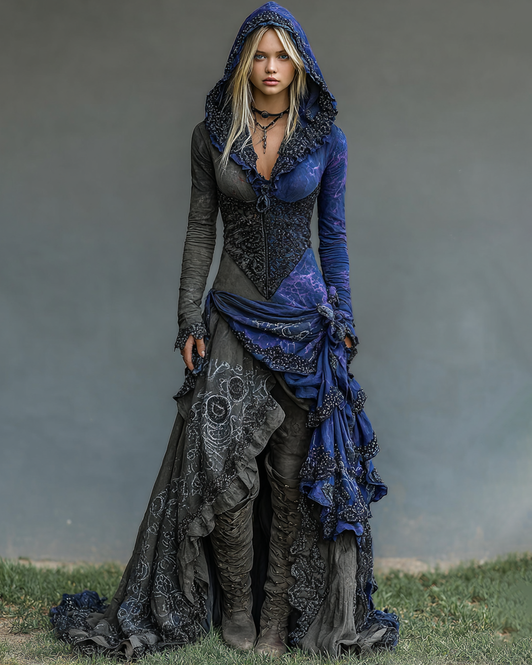 Halloween Themed Irregular Ruffle Lace Patchwork Hooded Dress a50f