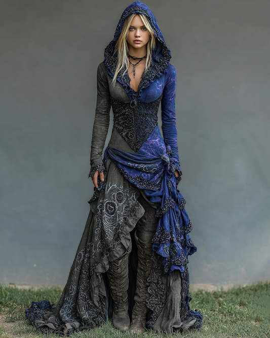 Halloween Themed Irregular Ruffle Lace Patchwork Hooded Dress a50f