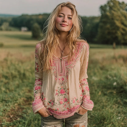 Women's Vintage Pink Rose Art Comfy Crew Neck Shirt