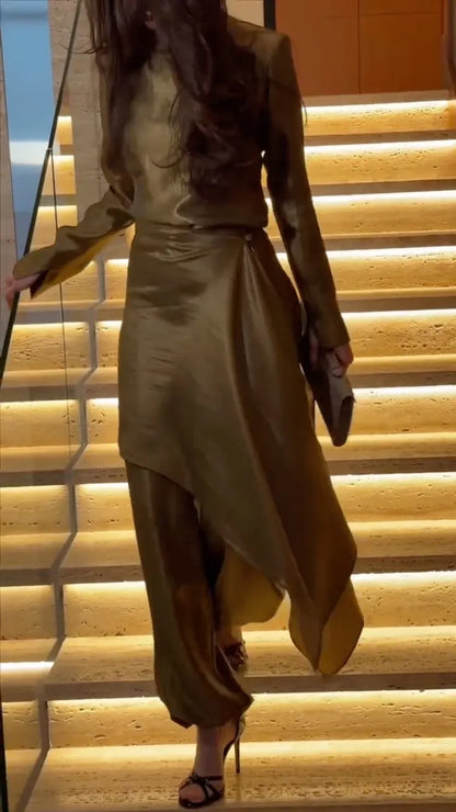 Satin High Neck Long Sleeve Top & Asymmetrical Overlay Balloon Pant Two Piece Set