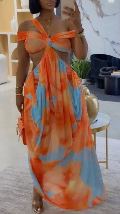 Orange‑Blue Tie‑Dye Cutout Maxi Dress