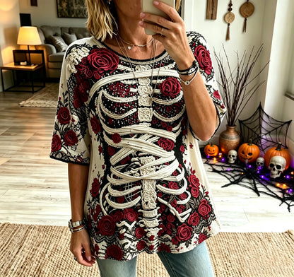 Women's Retro Halloween Bloody Human Skeleton With Floral Art Casual Tops