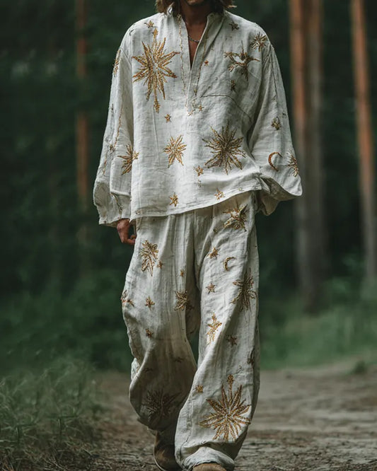 Men's summer vacation leisure star and moon 3D embroidered linen top and casual pants two-piece set 2c67