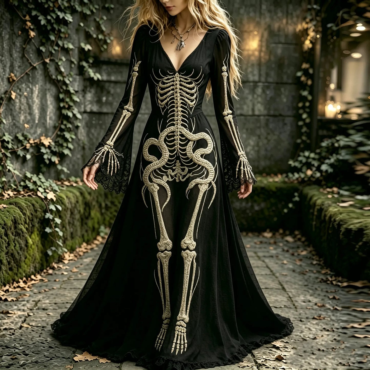 Women's Retro Human Anatomy And Snake Halloween Pattern Dress