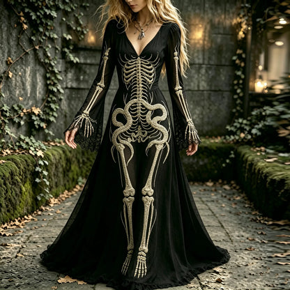 Women's Retro Human Anatomy And Snake Halloween Pattern Dress