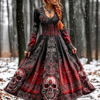 Women's Vintage Halloween Skull Pattern Art Long Sleeve Casual Midi Dress