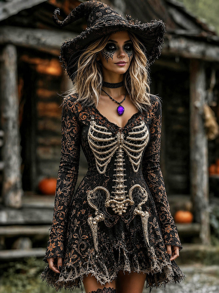 Women's Halloween Jacquard Pattern Human Skull Art V-neck Midi Dress