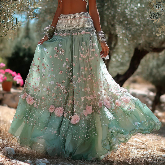 Women's Romantic Vacation Greek Key With Floral Art Linen Blend Casual Skirt