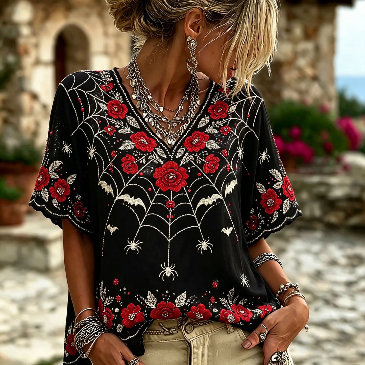 Vintage Gothic Spider Web Red Rose Embroidery V Neck Top