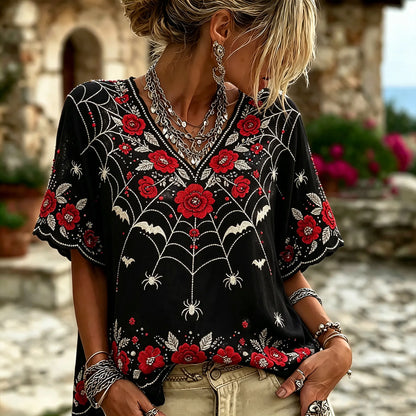 Vintage Gothic Spider Web Red Rose Embroidery V Neck Top