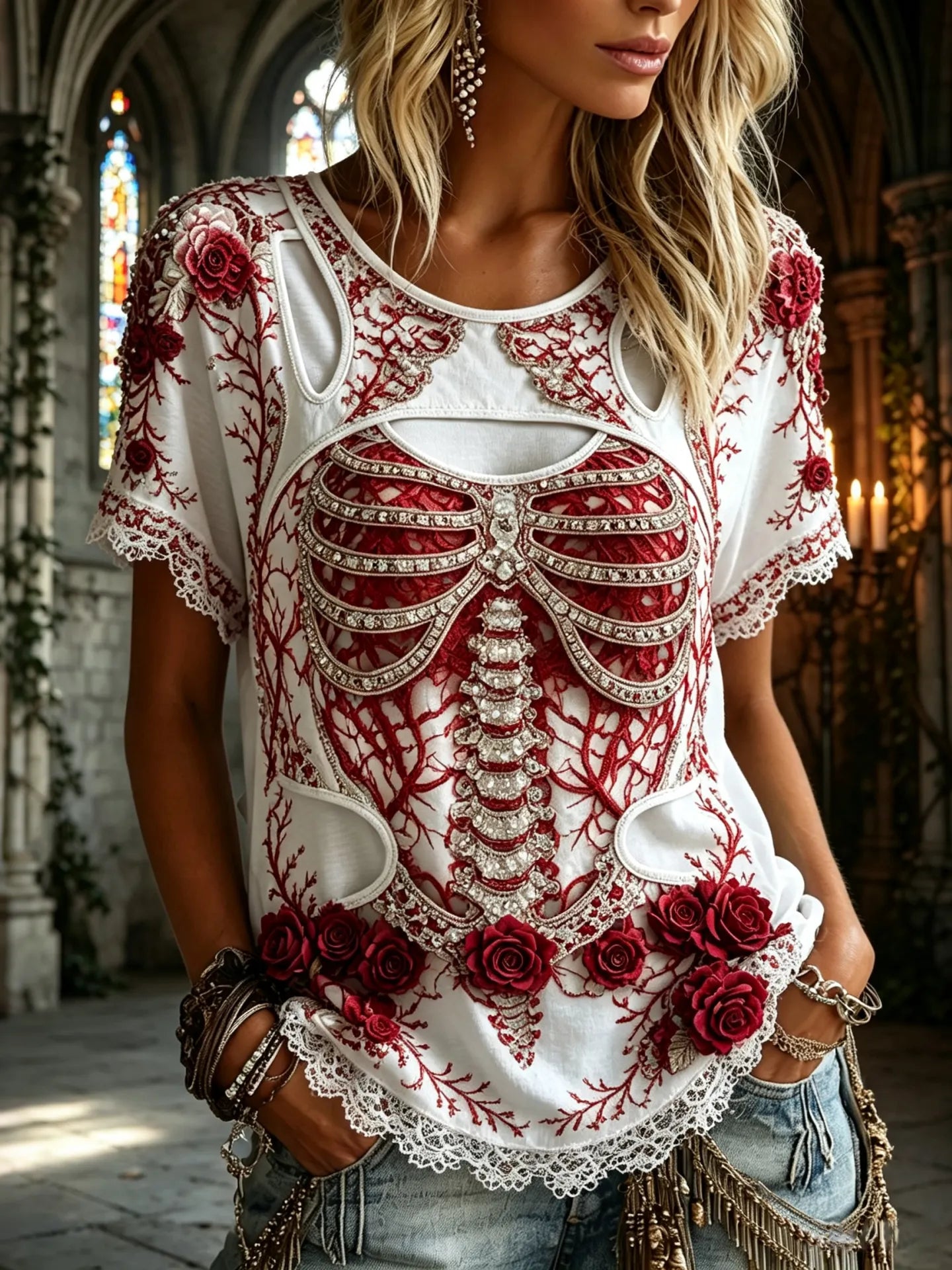 Women's Halloween Rose Skull Design Round Neck Cotton Linen Short-sleeve Top