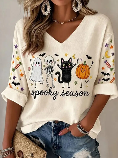 Women's Retro Spooky Season Ghost Pumpkin Print Casual T-shirt