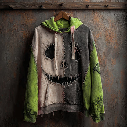 Halloween Pumpkin Face Contrast Stitched Washed Hoodie