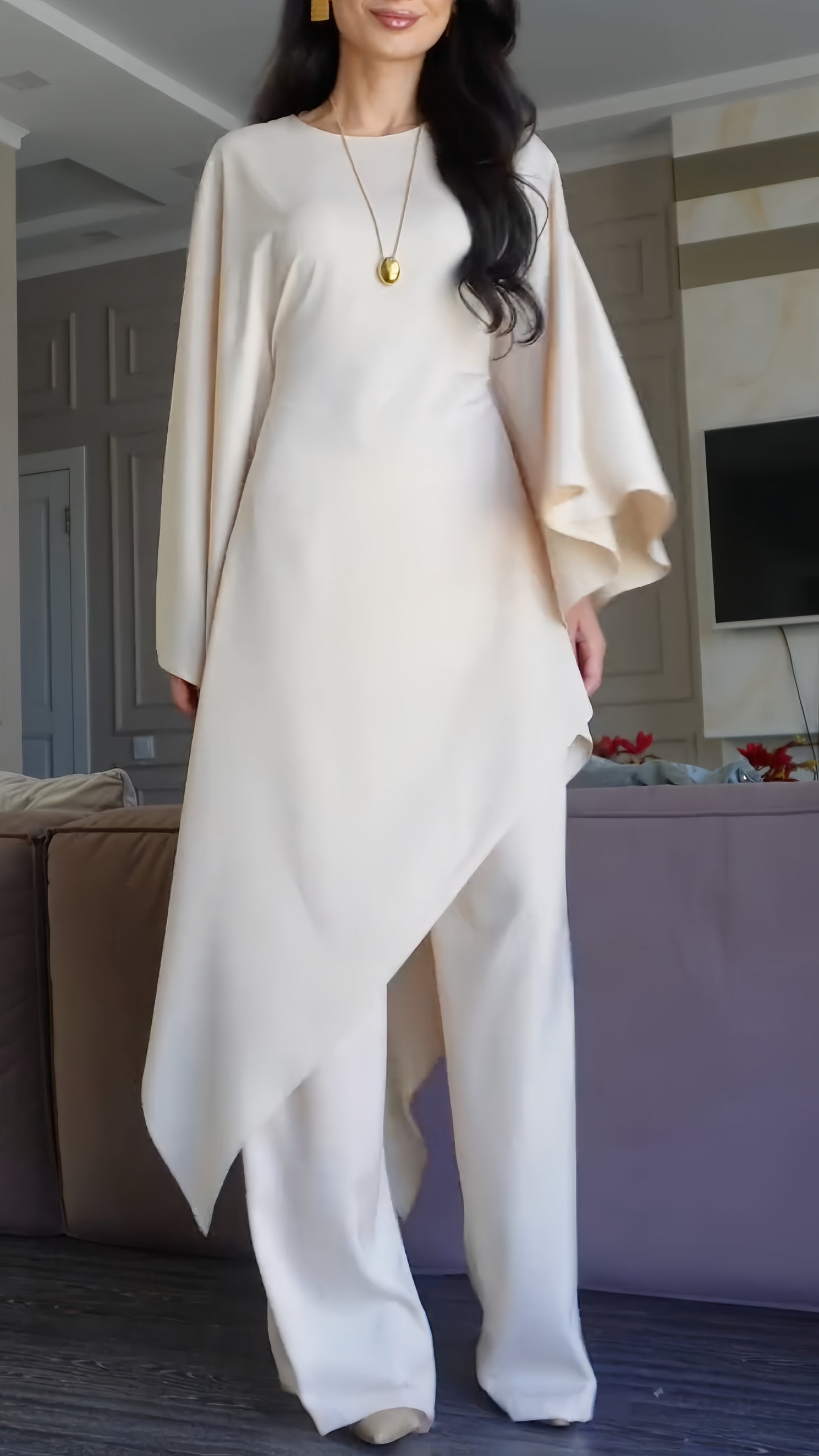 Cape Sleeve Asymmetrical Tunic & Pants Suit
