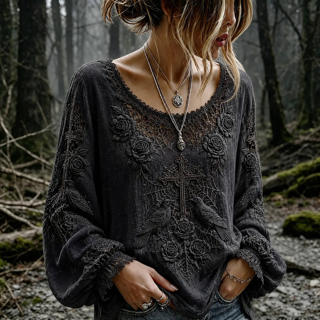 Women's Vintage Halloween Black Rose And Raven Embroidery Art Long Sleeve T-shirt