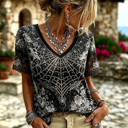 Vintage Gothic Spider Web Floral Lace V-neck Blouse