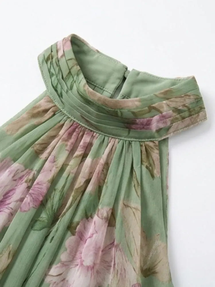 Green Floral Chiffon Halter Maxi Dress