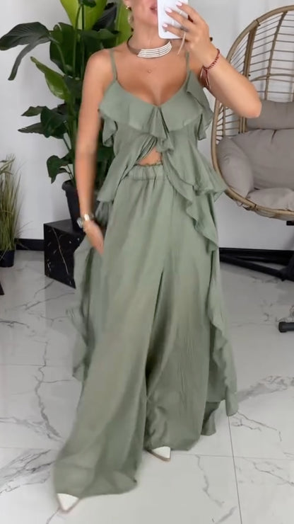 Women's V-Neck Ruffled Strappy Top & Wide-Leg Pants Set