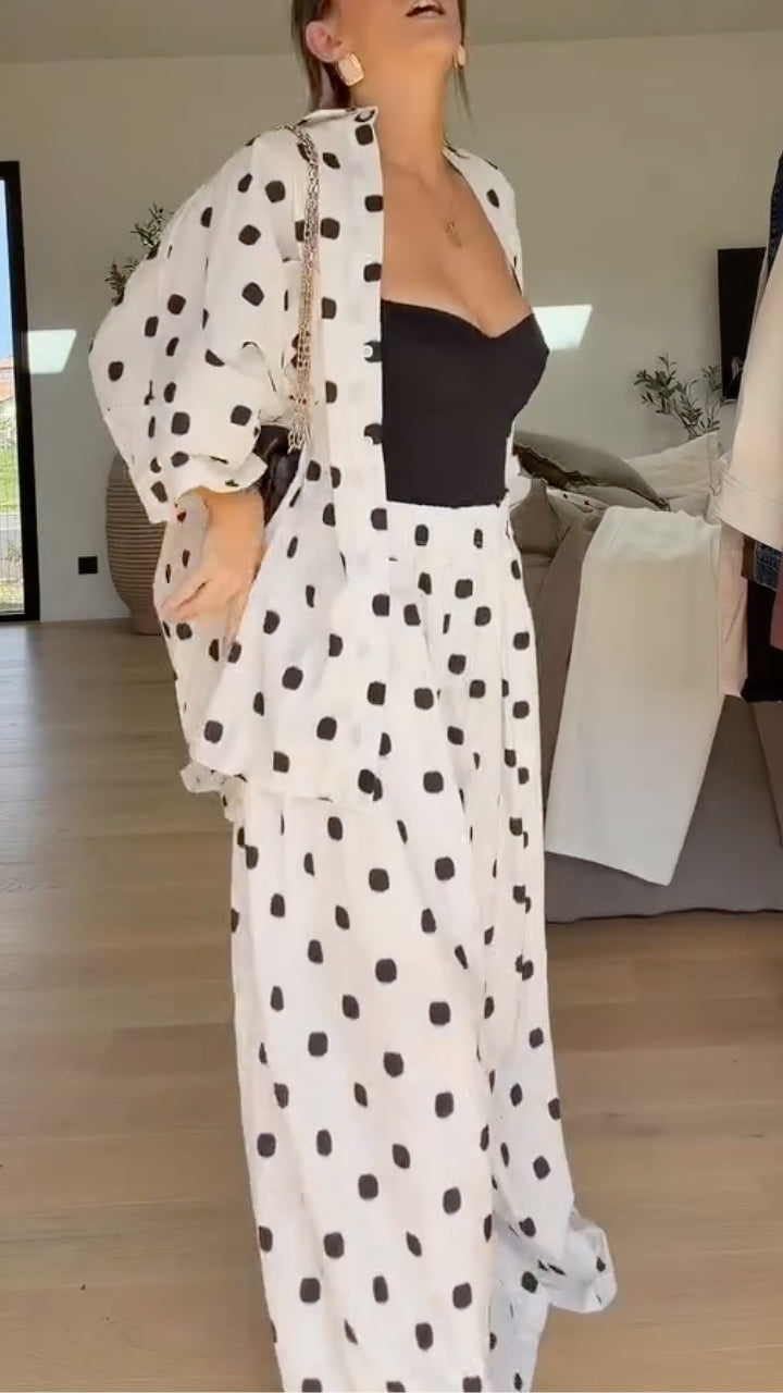 Polka Dot Oversized Blouse & Wide Leg Pants Set