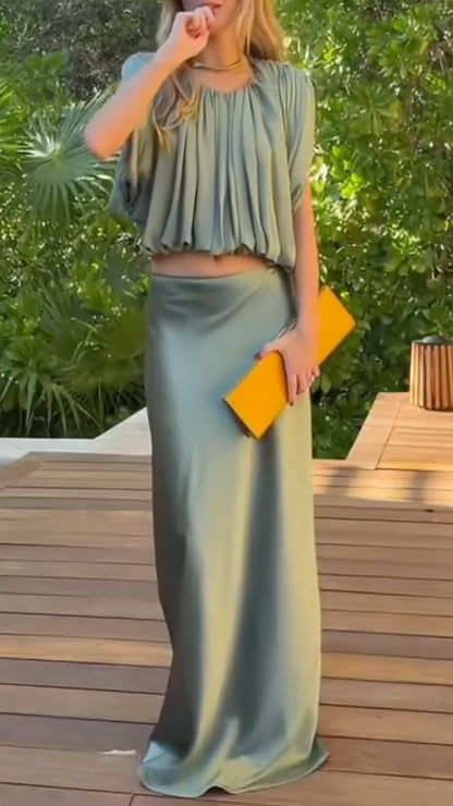 Ruched Crop Top and Maxi Skirt 2 Piece Set
