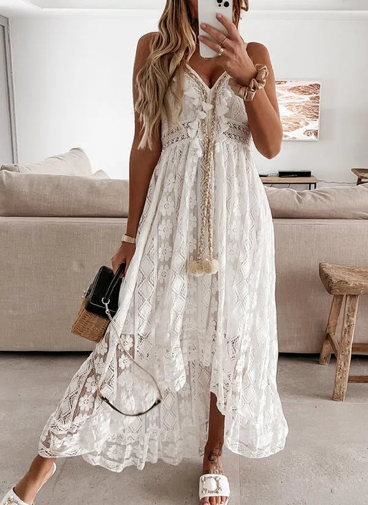 Summer Solid-Color Lace Camisole Maxi Dress with a Full Skirt