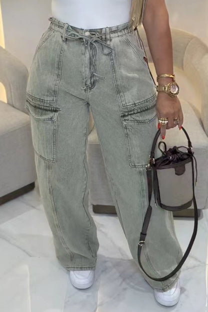 Women's Drawstring Wide-Leg Cargo Jeans