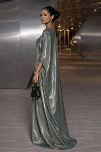 Draped Batwing Sleeve Shiny Maxi Dress