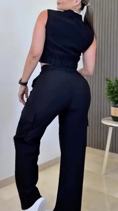 Sleeveless Zip-Up Top and Wide Leg Pants Set