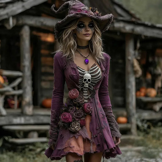 Women's Halloween Rose Skeleton Witch Cosplay Midi Dress
