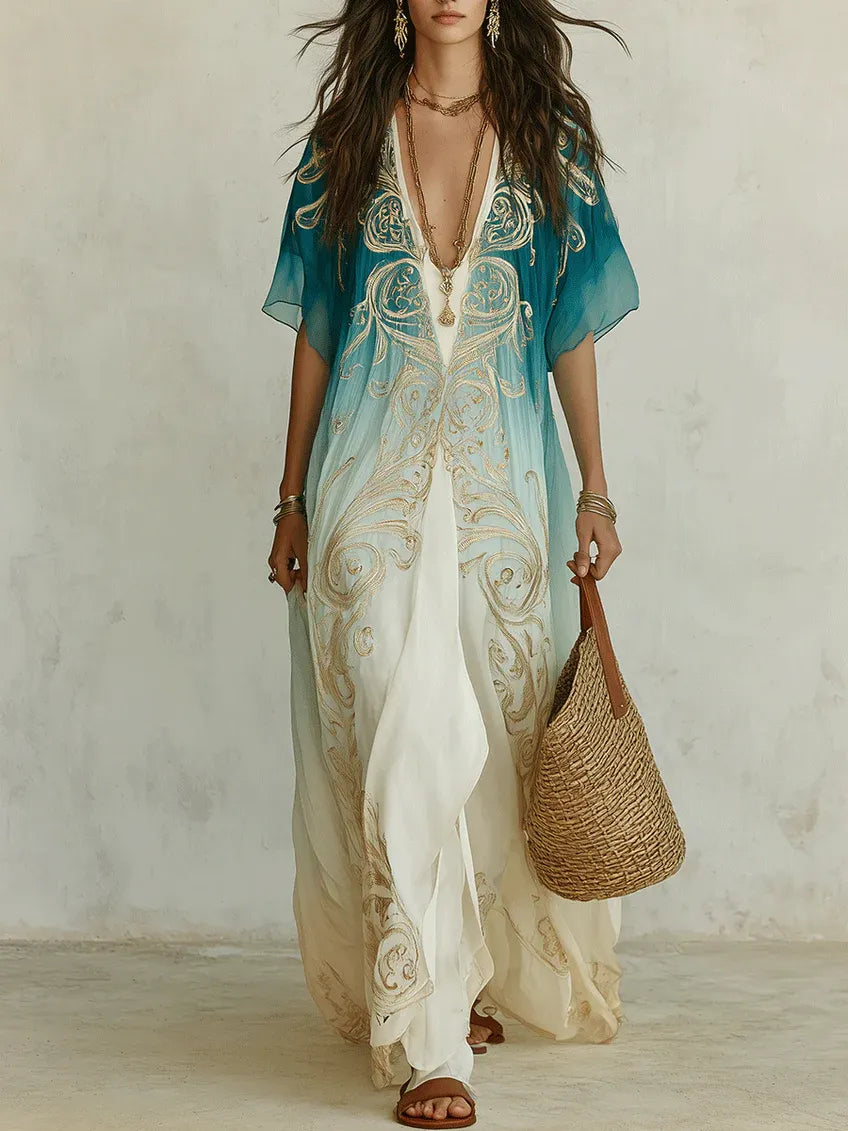 Gradient Gold Printed Kaftan Flowing Maxi Dress