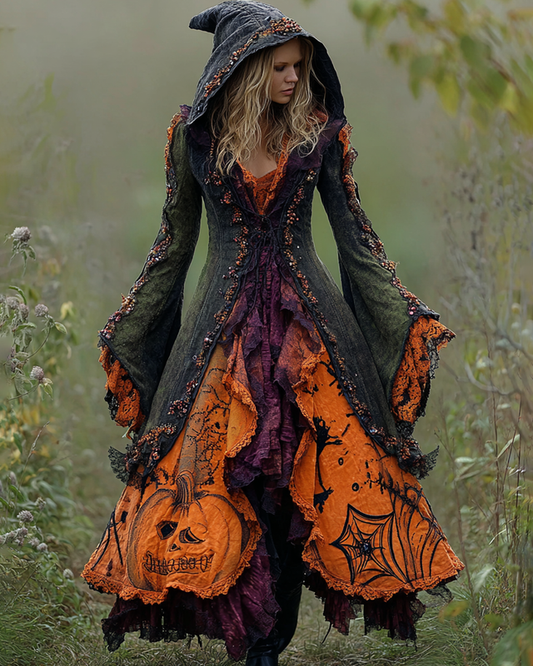 Halloween Themed Irregular Pumpkin Spiderweb Embroidery Hooded Dress 2bc3