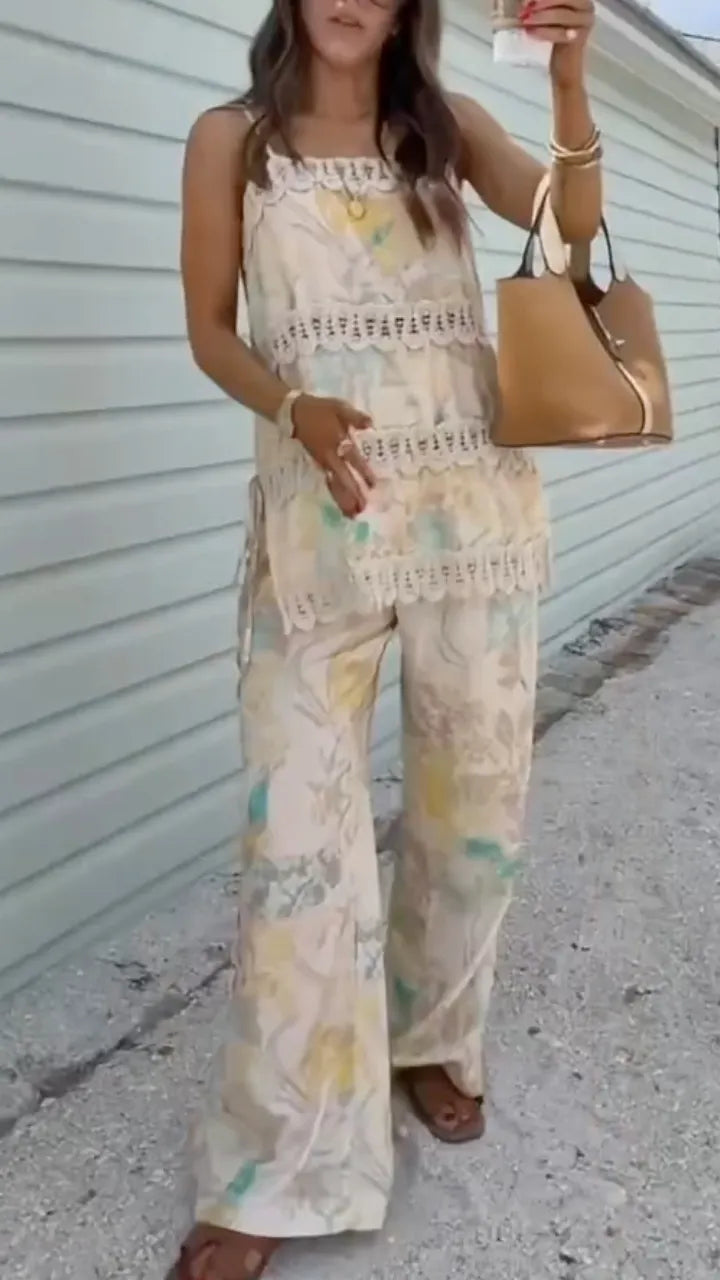 Women's Watercolor Floral Lace Patchwork Cami Top & Wide Leg Pants Set