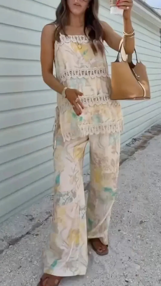Women's Watercolor Floral Lace Patchwork Cami Top & Wide Leg Pants Set
