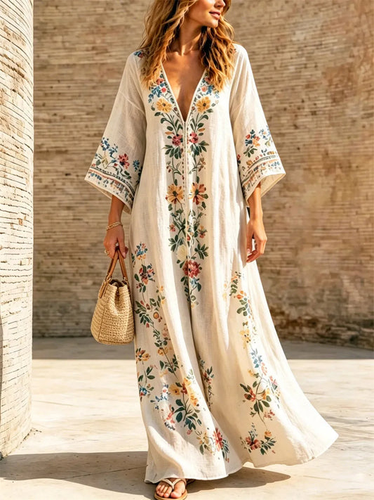 Women's Ethnic Floral Art Casual Stylish V-collar 3/4 Sleeve Cotton Linen Maxi Dress