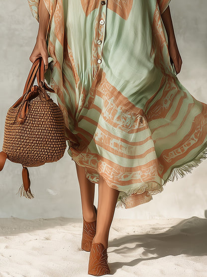 Green Printed Maxi Dress with Fringed Hem