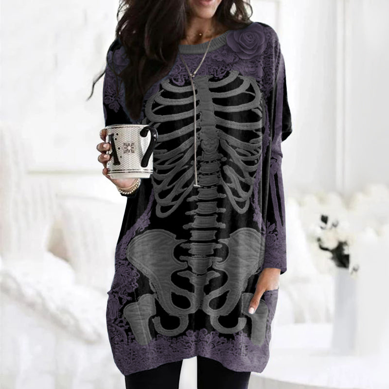 Women's Halloween Skeleton Bones With Rose Art Cozy Knit Turtleneck Mini Sweater Dress