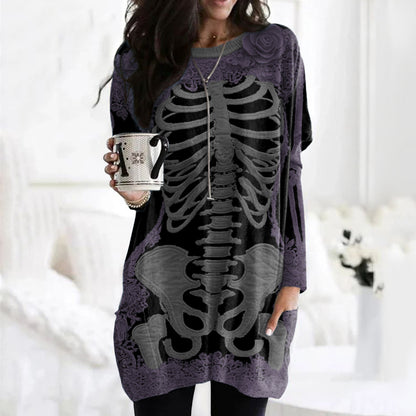 Women's Halloween Skeleton Bones With Rose Art Cozy Knit Turtleneck Mini Sweater Dress