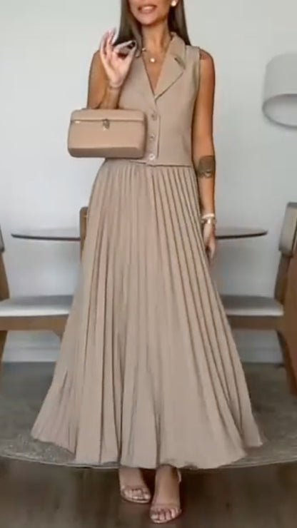 Beige Sleeveless Blazer Vest Pleated Maxi Skirt Set