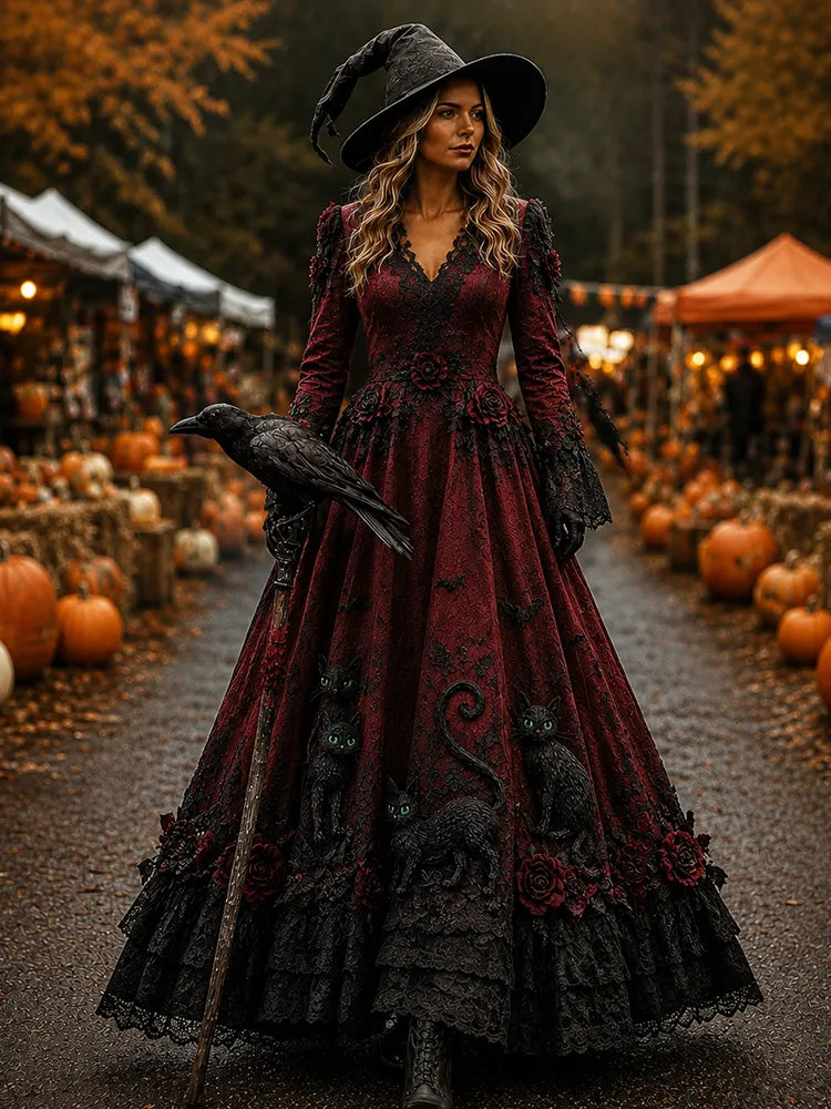 Women’s Black Cat & Rose Applique Gothic V-neck Dress